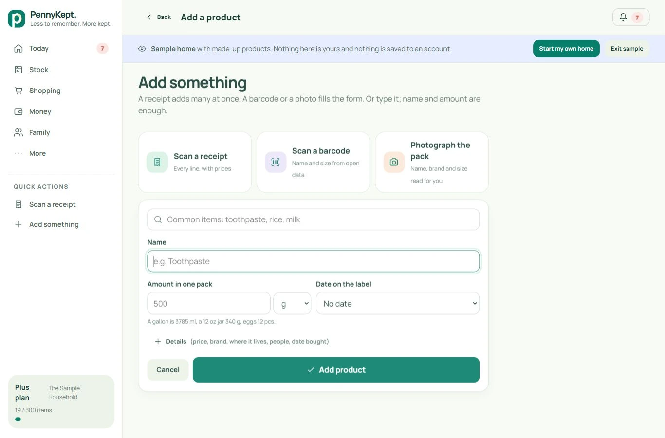 Add a product: real desktop app screen with fictional data