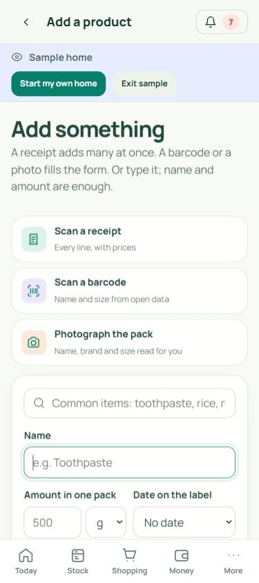Add a product: real mobile app screen with fictional data