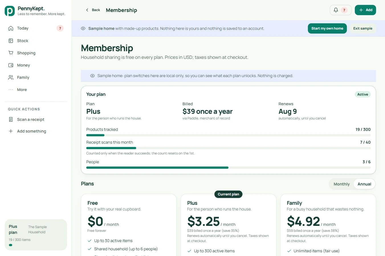 Membership: real desktop app screen with fictional data