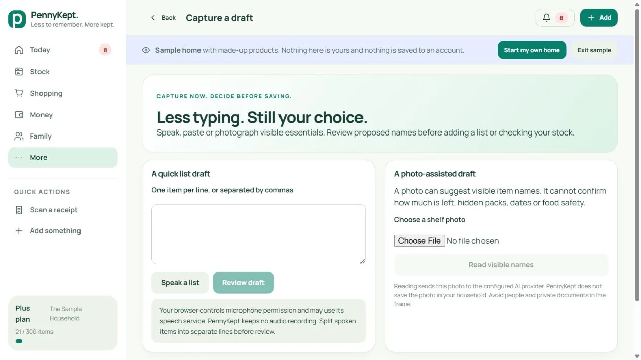 Draft capture: real desktop app screenshot with fictional household data