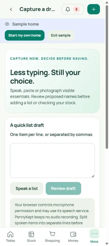 Draft capture: real mobile app screenshot with fictional household data