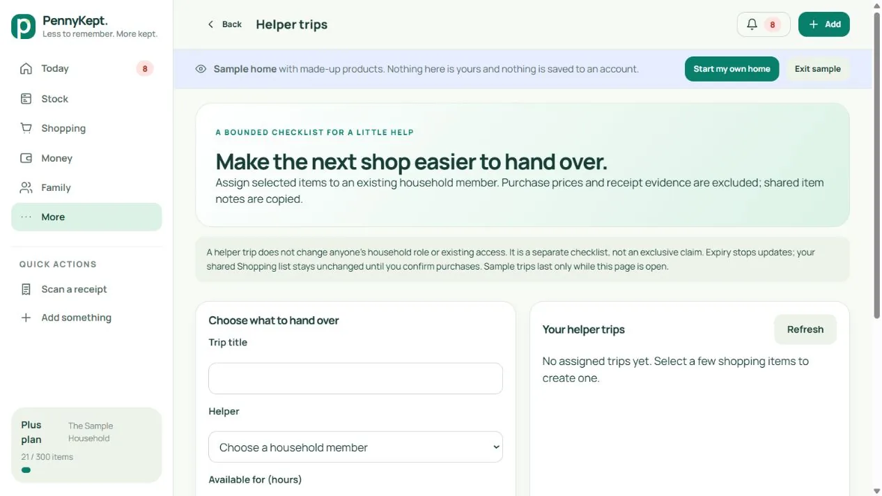 Helper trips: real desktop app screenshot with fictional household data
