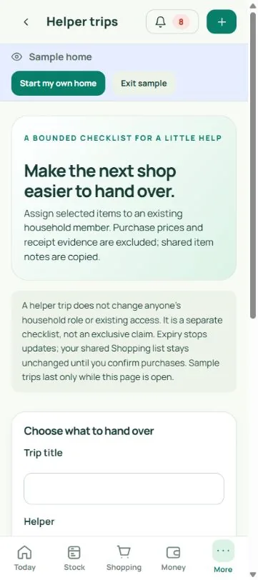 Helper trips: real mobile app screenshot with fictional household data