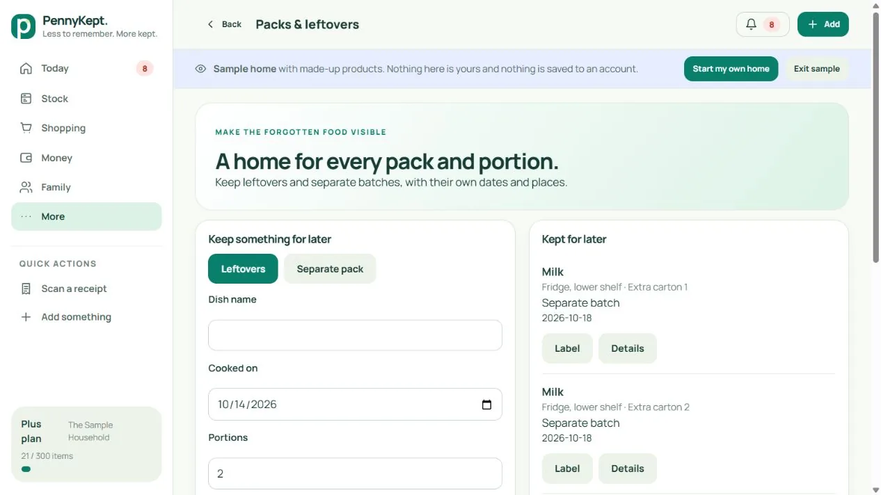 Packs and leftovers: real desktop app screenshot with fictional household data