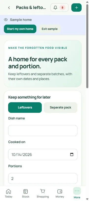 Packs and leftovers: real mobile app screenshot with fictional household data