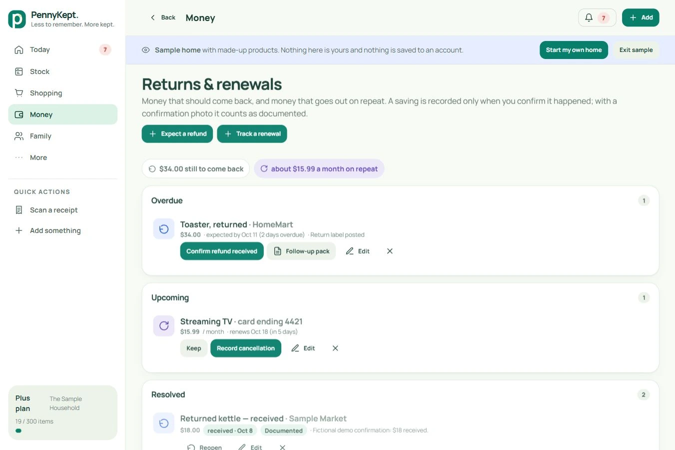 Returns and renewals: real desktop app screen with fictional data