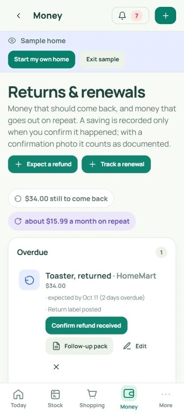Returns and renewals: real mobile app screen with fictional data