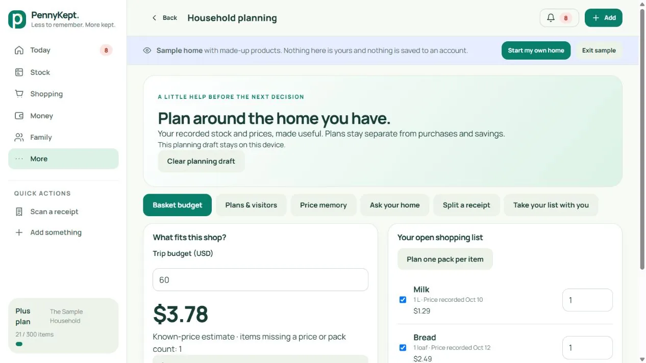 Basket planning: real desktop app screenshot with fictional household data