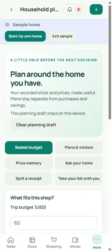 Basket planning: real mobile app screenshot with fictional household data