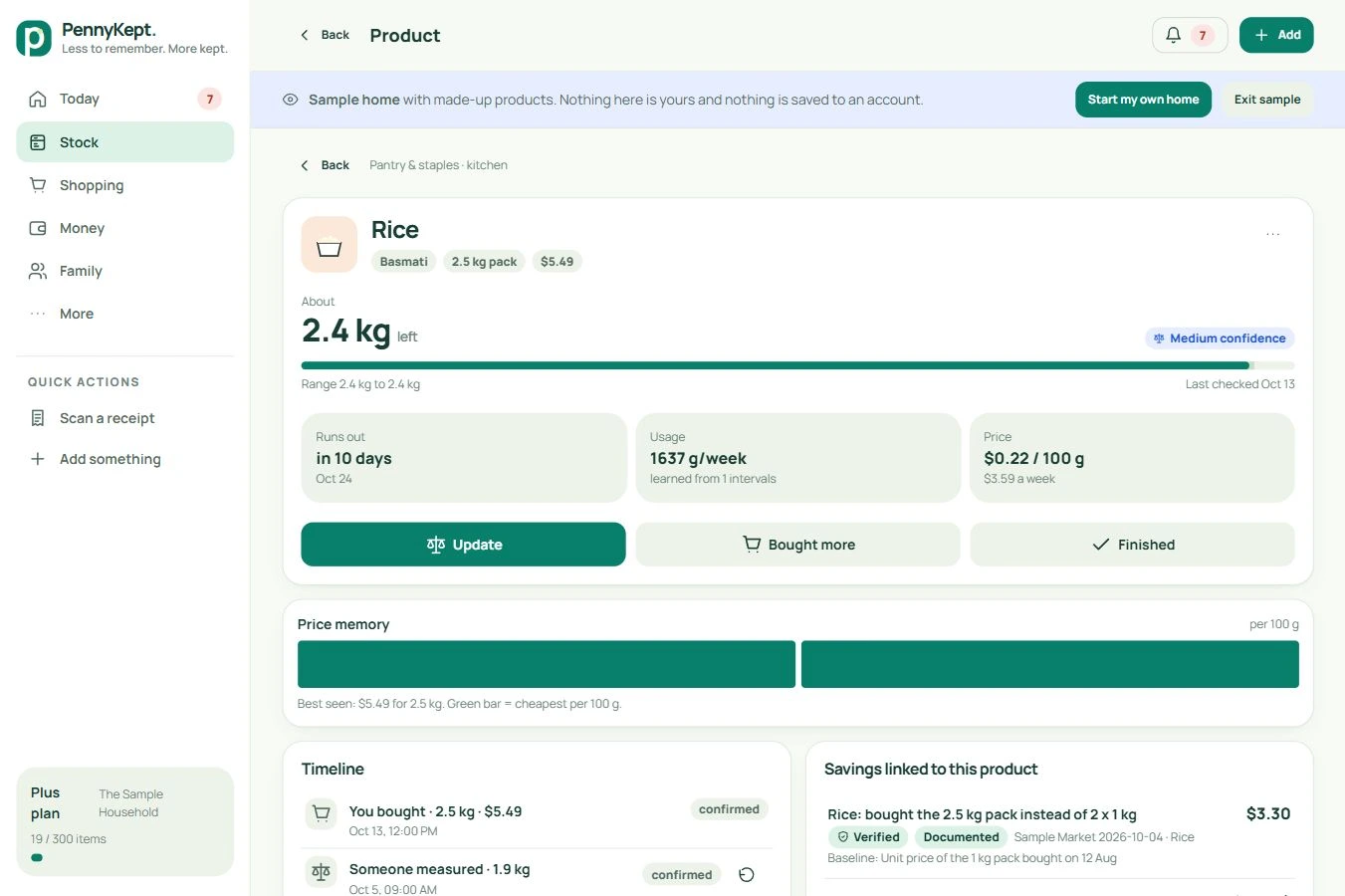 Product details and price history: real desktop app screen with fictional data