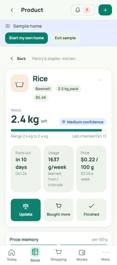 Product details and price history: real mobile app screen with fictional data