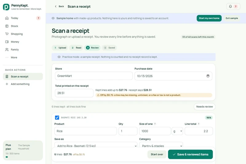 Receipt review with actual editable fields; fictional sample data