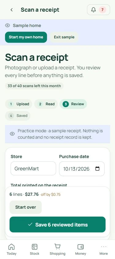 Receipt review: store, purchase date, printed total, and the kept lines checked against it