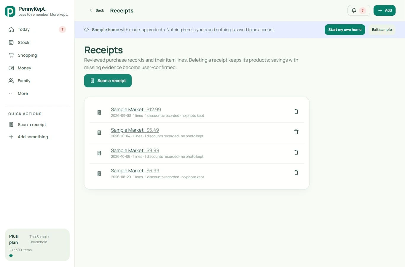 Receipt library: real desktop app screen with fictional data