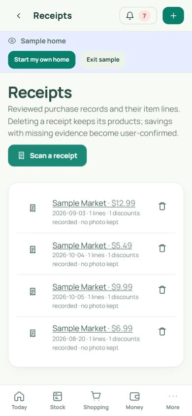 Receipt library: real mobile app screen with fictional data