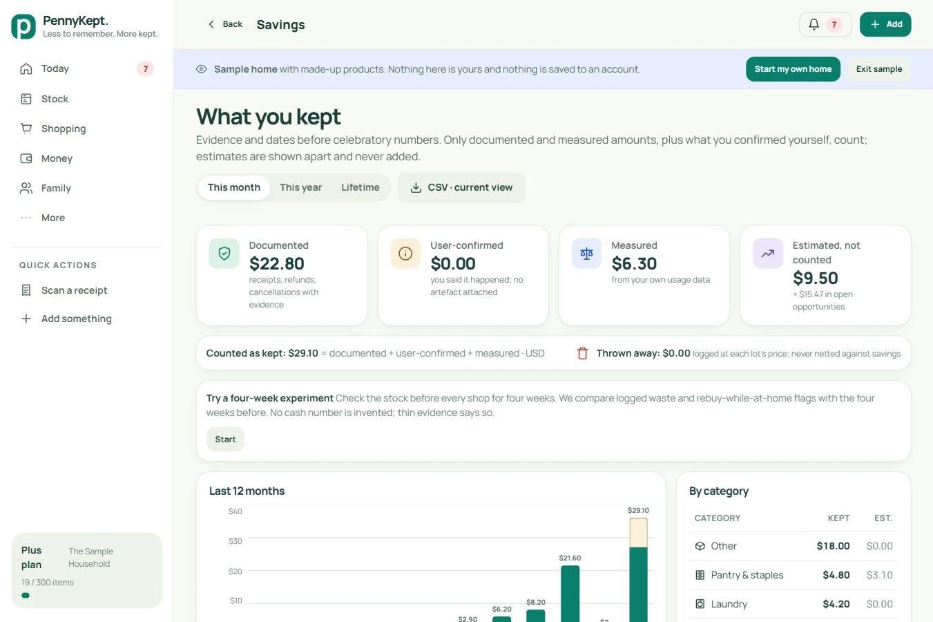 Savings and evidence: real desktop app screen with fictional data