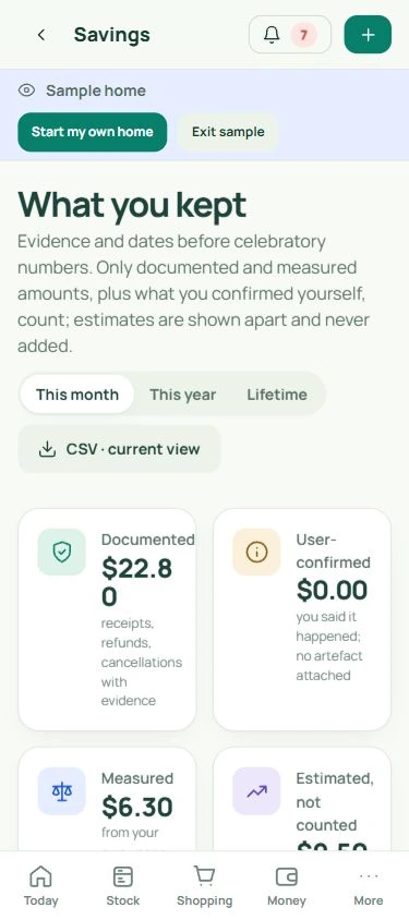 Savings and evidence: real mobile app screen with fictional data