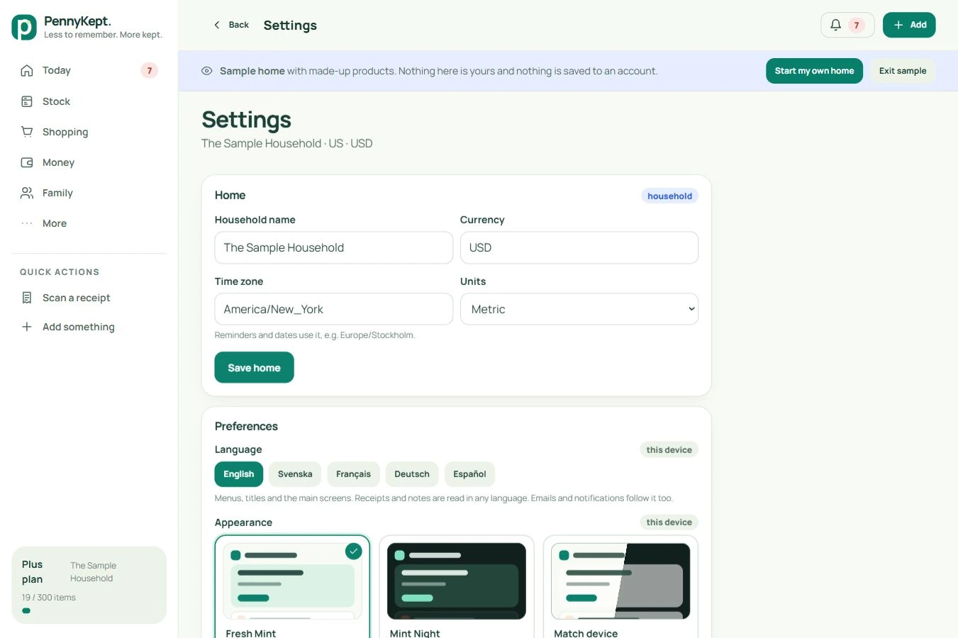 Settings: real desktop app screen with fictional data