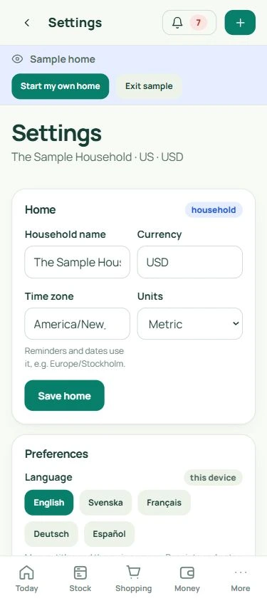 Settings: real mobile app screen with fictional data