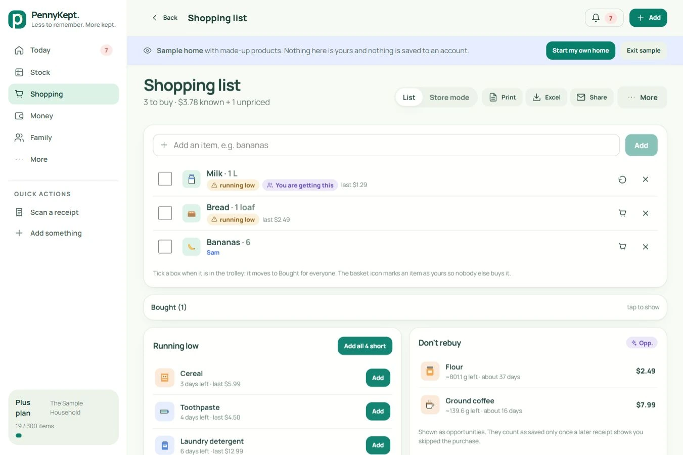 Shared shopping: real desktop app screen with fictional data