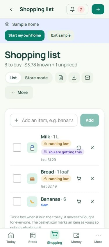 Shared shopping: real mobile app screen with fictional data