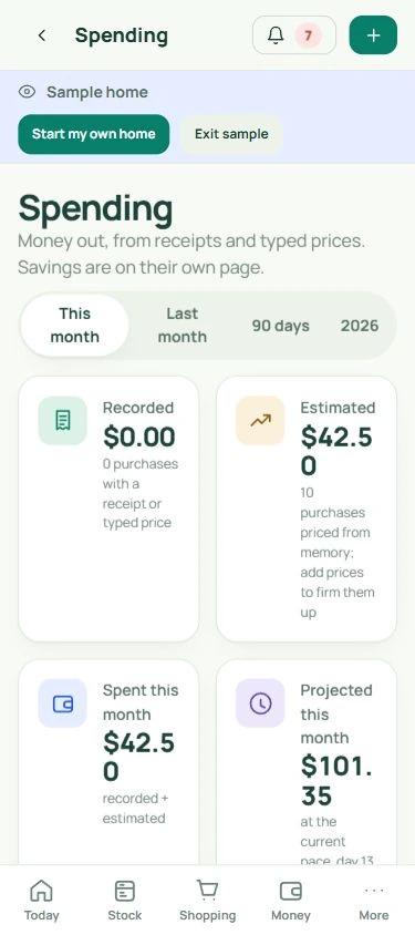 Spending: real mobile app screen with fictional data