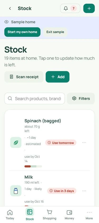 Stock: each product with what is left, confirmed or estimated, and its label date