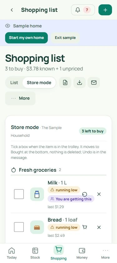 Store mode: real mobile app screen with fictional data