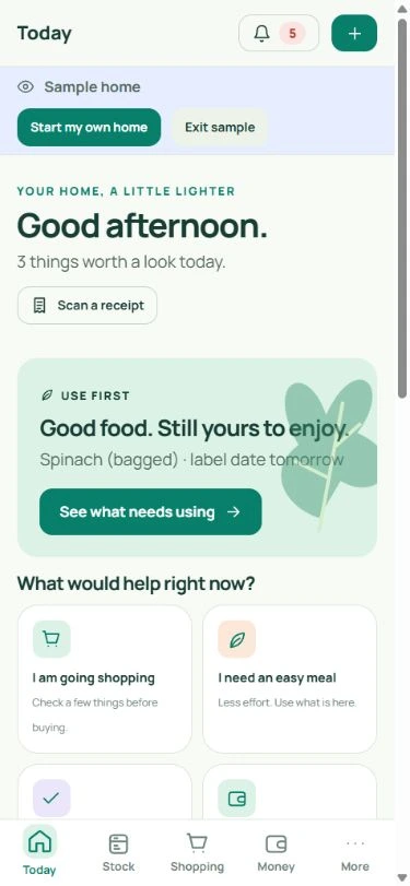 Actual PennyKept mobile Today screen