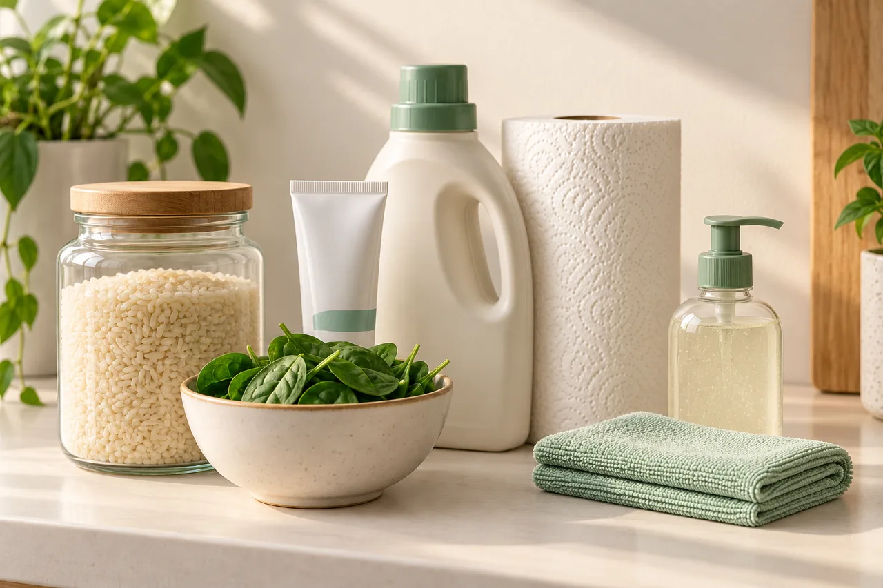 Supporting photograph of rice, spinach and household essentials