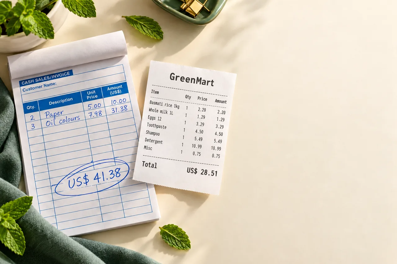 Illustrative handwritten invoice and fictional GreenMart practice receipt on a tabletop