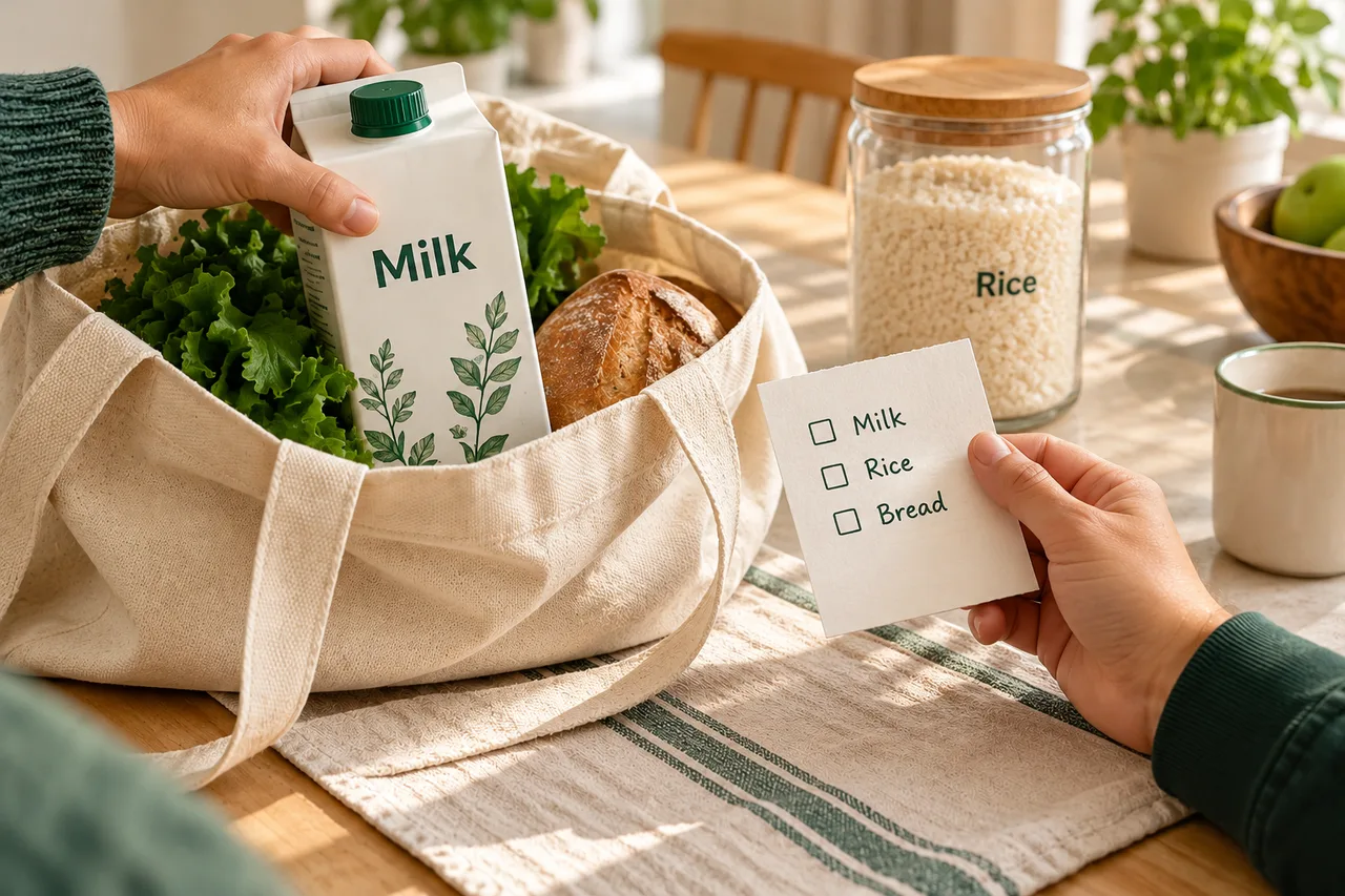 Supporting photograph of a household shopping checklist and grocery bag