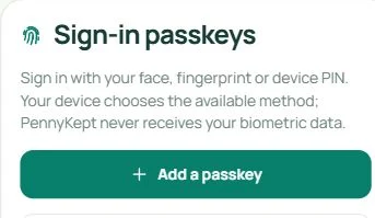 Actual Sign-in passkeys card explaining face, fingerprint or device PIN, with an Add a passkey button.